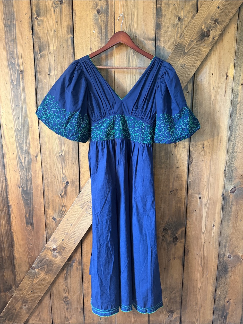 Anthropologie Navy Blue Maxi Dress with Teal Embroidery
